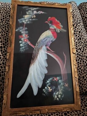 Large Original Vintage Real Bird Feathers Painting! Intricately Hand Layered!
